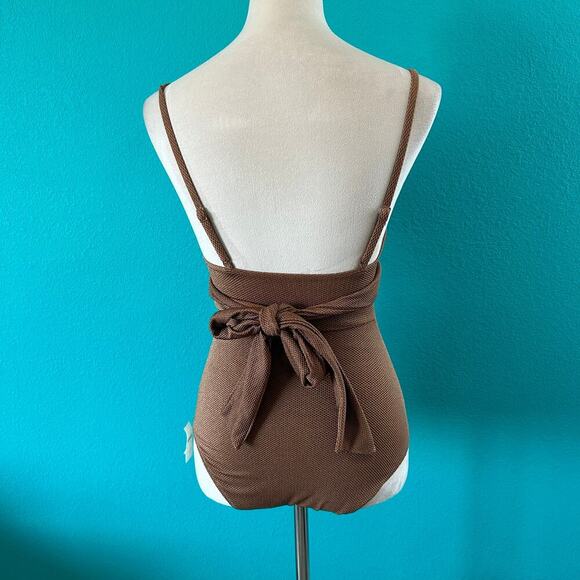 NWT Aerie Pique One Piece Wrap Full Coverage Swimsuit Raw Sienna Tan Size XS - Picture 6 of 8